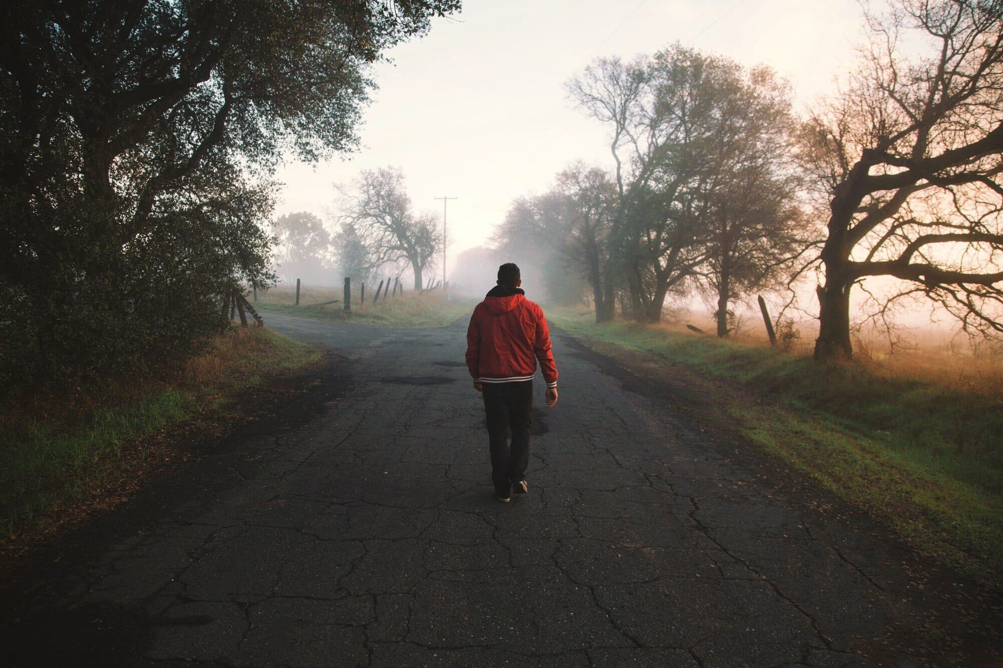 A walker in a red jacket heads down a quiet country road on a misty morning